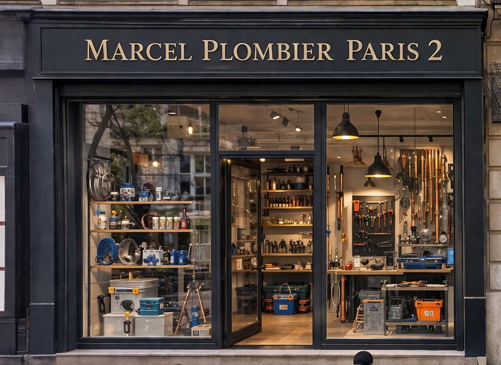 Vitrine Marcel Plombier Paris 2 – enseigne